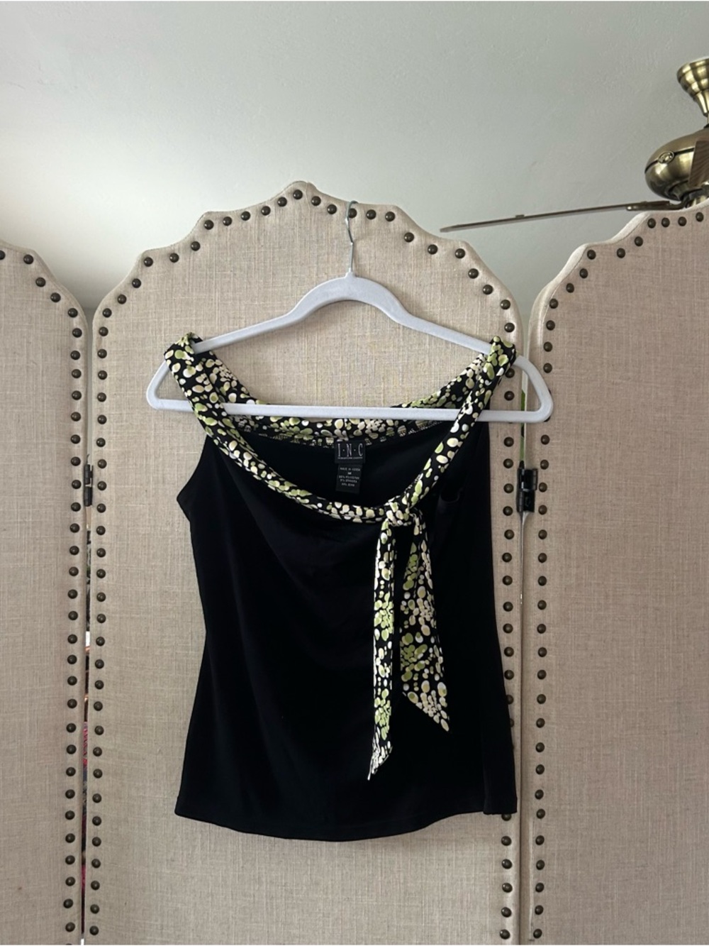 INC International Concepts Black Tank with Floral Tie-Detail Strap